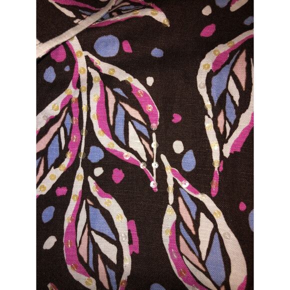 Bob Mackie Wearable Artsy Edgy Leaves Sequin Short Sleeve Button Linen Shirt - Picture 6 of 7